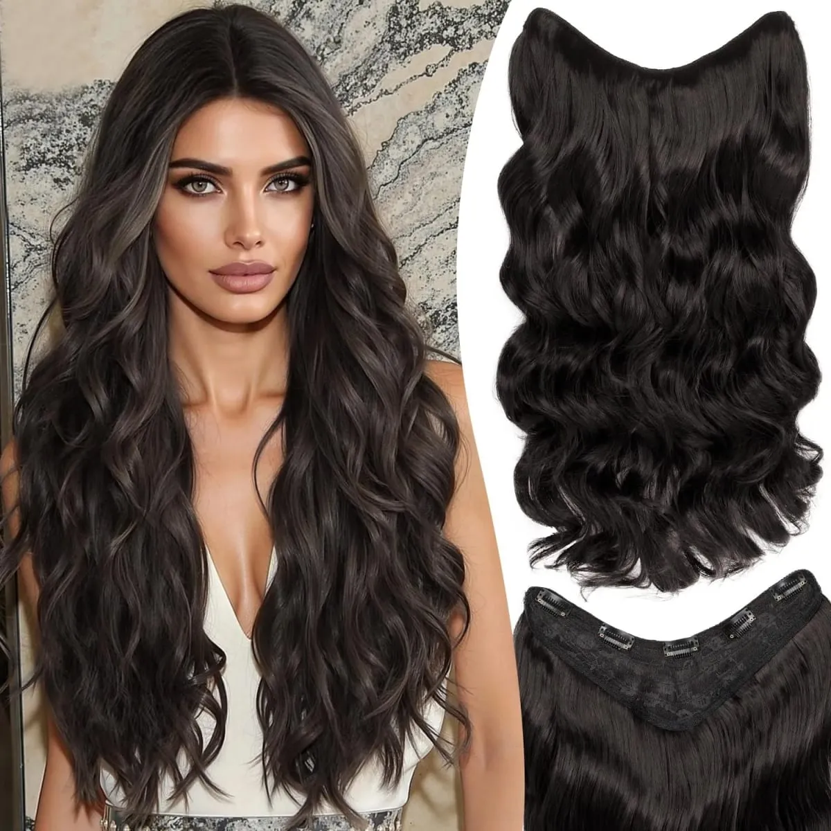 16-24 Inch U-Shape Lace 5 Clips Clip In Hair Extensions Synthetic Long Wave Curly Heat Resistant Full Shine Hair For Women — image 7
