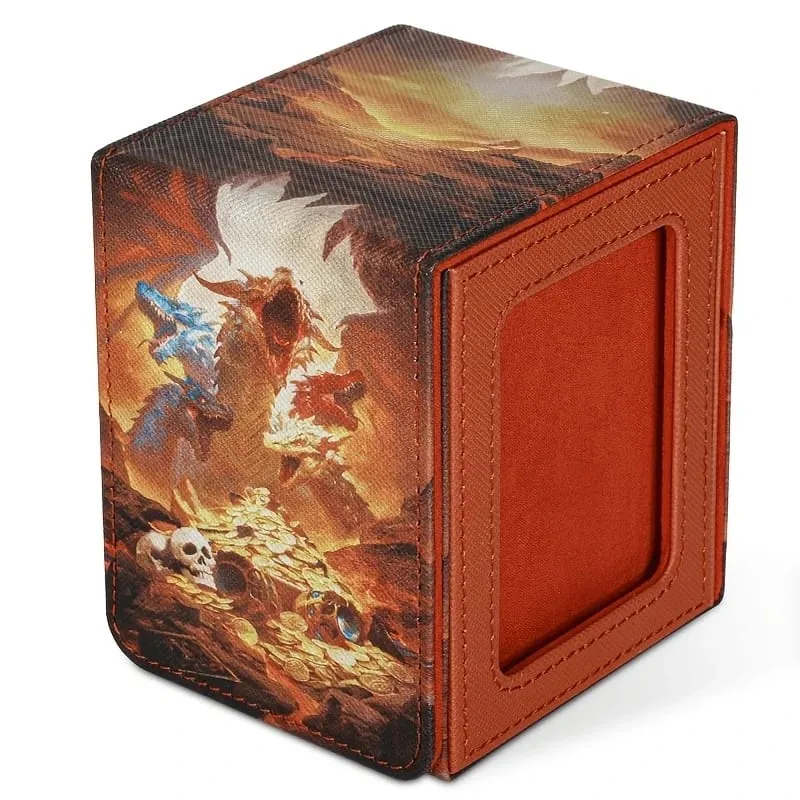 Card Deck Box for Pattern Print Cards with Display Window Hold 100+ Double-Sleeved Cards PU Leather Card Box Fits TCG Cards