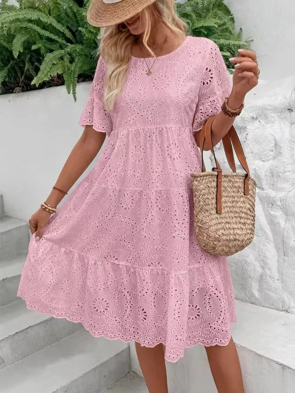 Women's White Eyelet Embroidery Midi Dress Hollow-out Boho Flowy Ruffle Tiered Dress Casual Short Sleeve Summer Beach Dresses — image 13