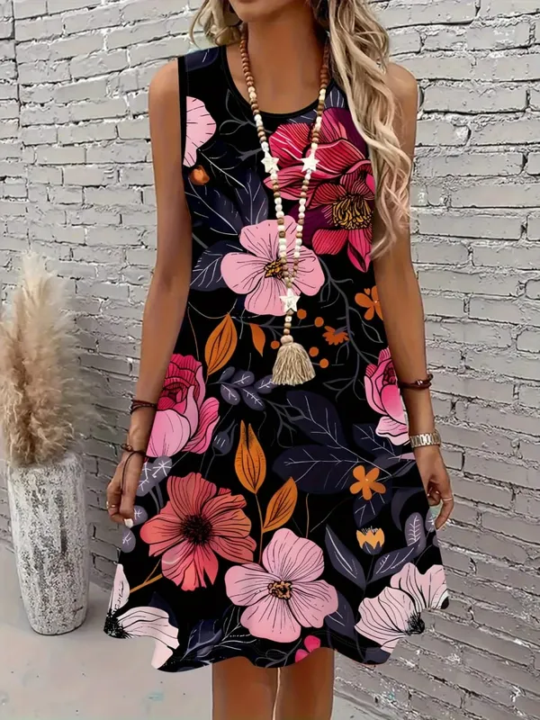 Elegant Black Floral Dress Women Sleeveless Slim Fit Sundress Stylish Flower Print Office Lady Casual daily Dresses 2026