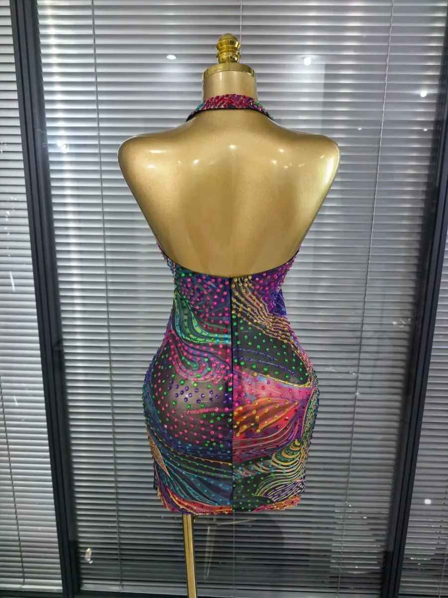 Blue Color Women Sexy Halter Backless Shinning Chain Bodycon Mini Dress Celebrate Nightclub Party Performance Costume Stage Wear — image 7