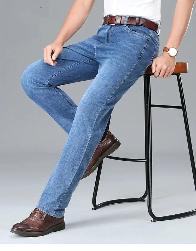 2026 Summer Brand Business Casual Men's Straight Denim Softener Lightweight Jeans Classic Embroidered Cotton Stretch Thin Pants — image 8