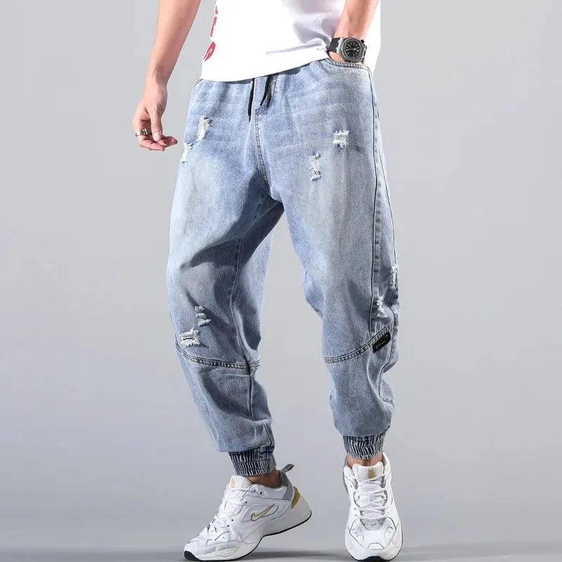 Street Elastic Jeans Men Denim Cargo Pants Wash Solid Color Multi Pockets Casual Mid Waist Trousers Daily Wear Joggers