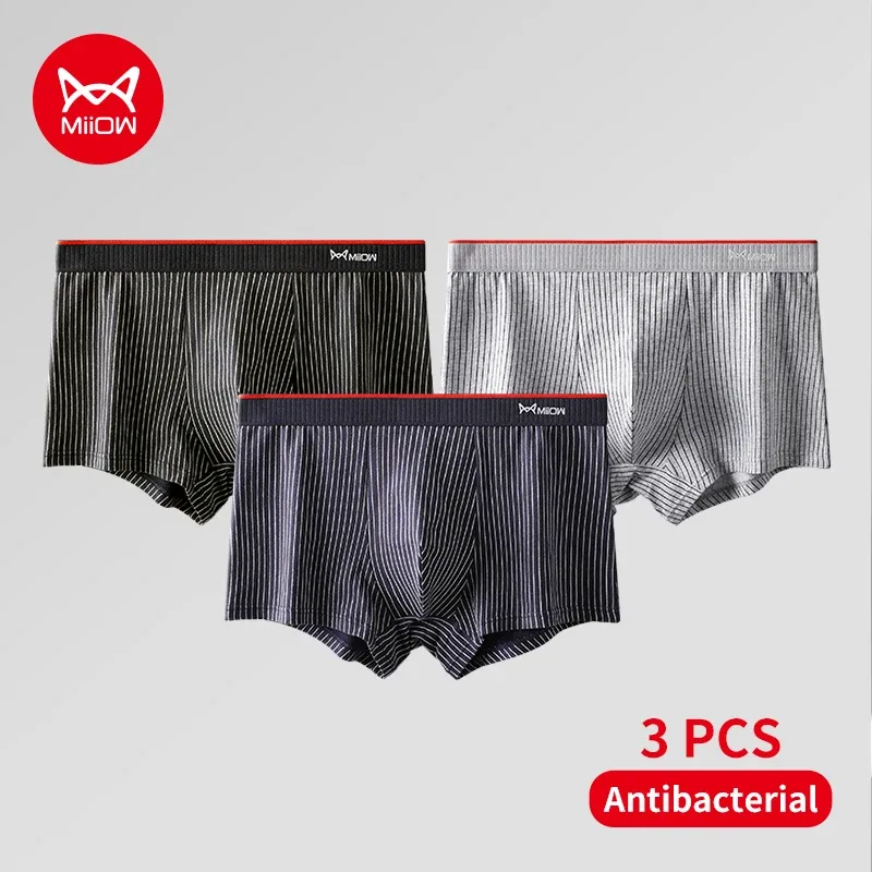 MiiOW 3Pcs Cotton Men's Boxer Underwear AAA Antibacterial Man Boxershorts Seamless Striped Men Underpants Boxer Male Boxer Short