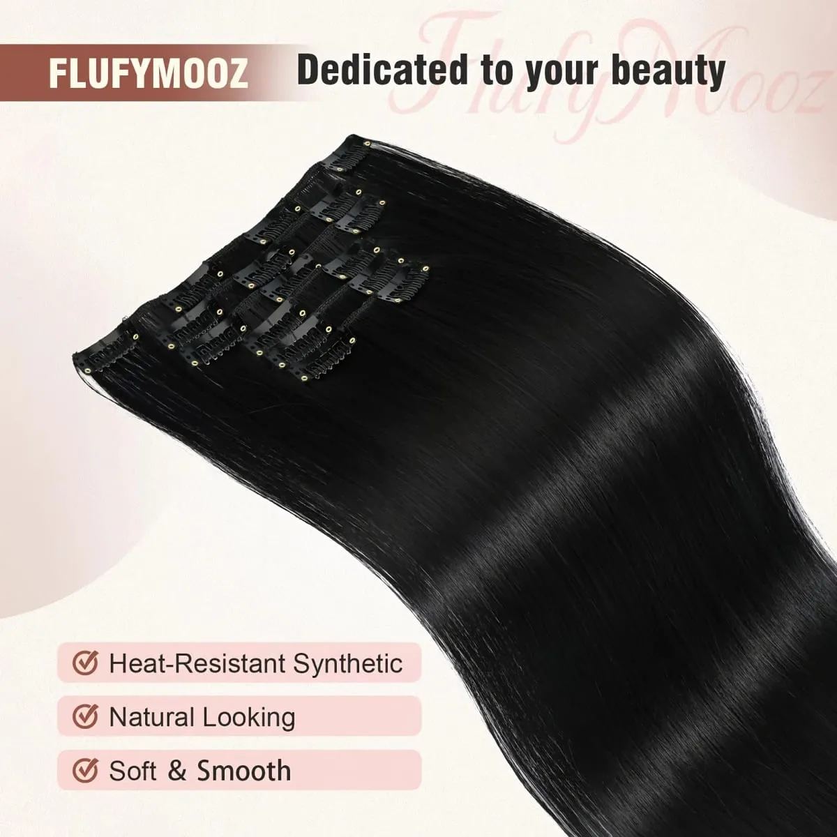 6pcs Clip-in Straight Hair Extensions Suitable for Women - Heat Resistant Synthetic Hairpiece with Look — image 3