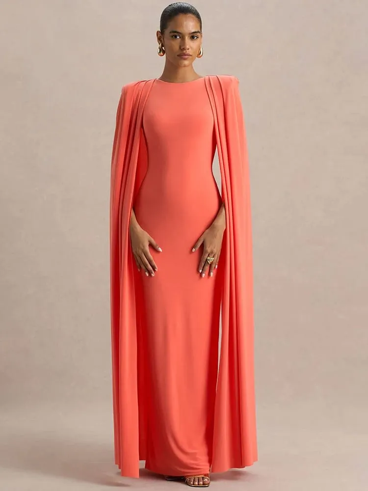 Mozision Cape Sleeve Sexy Maxi Dress Women Gown Elegant Fashion Zipper O Neck High Waist Split Club Party Long Dresses Female — image 3