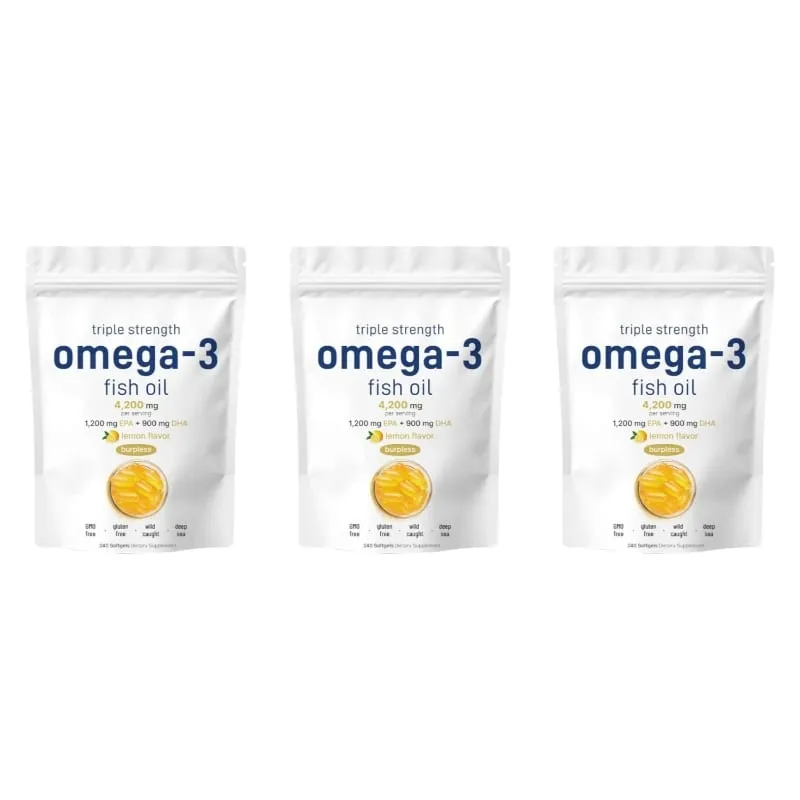 Triple Strength Omega 3 Fish Oil Supplements 4200mg Lemon Flavored Burpless EPA 1200mg DHA 900mg 240 Softgels