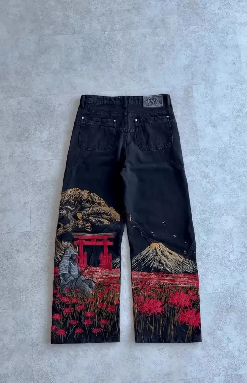 Samurai Embroidery Men Jeans Y2K Retro Harajuku Street Hip Hop High Waist Straight Pants Unisex Wide Leg Loose Denim Pants — image 8