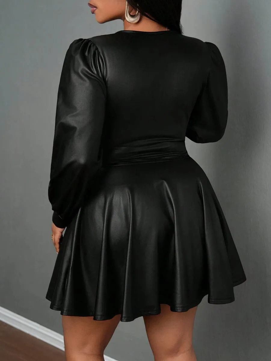 plus Size Leather Skirt for Women Deep V Neck Lantern Sleeve Waist Cinched A-Line Party Outfit Sexy Girl's Ensemble — image 2