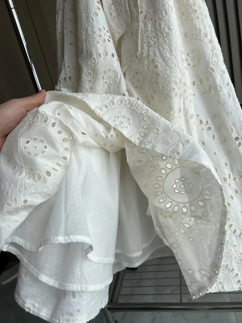 ETJ 2025 new women's elegant fashion hollow embroidery cotton shirt lapel short-sleeved dress temperament long skirt — image 5