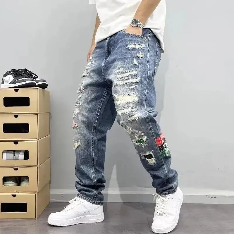 Spring and Autumn New Fashion Trend Ripped Straight Leg Elastic Jeans For Men's Casual Loose Retro Sports High-end Jeans 28-36