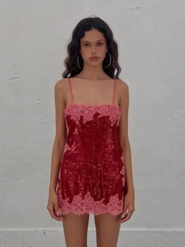 Sequin Lace Trim Patchwork Dress Women Chic Sleeveless High Waist Suspenders Sling Short Dresses 2026 Sexy Party Club Outfits