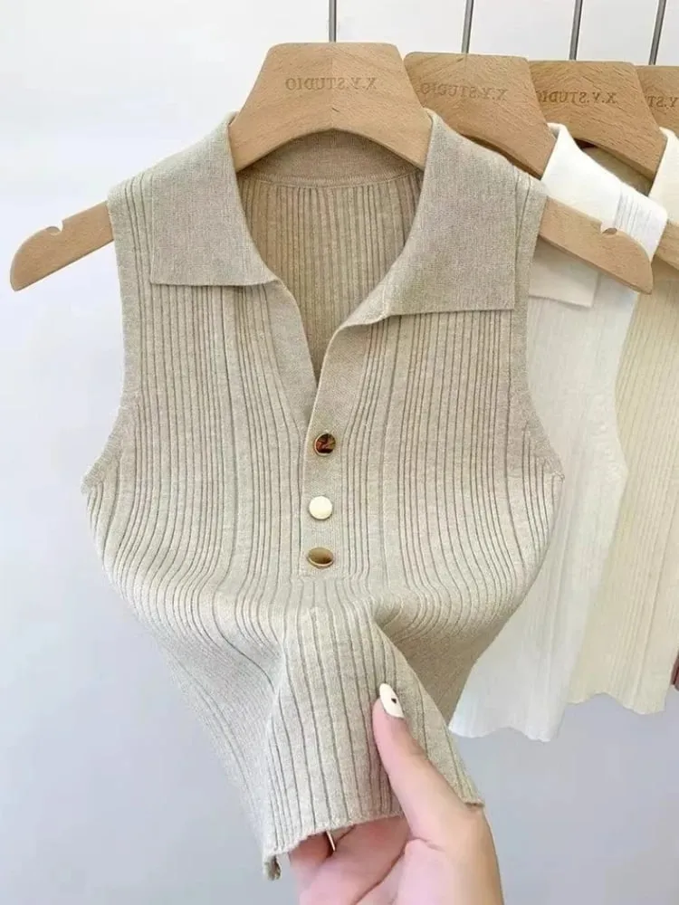 Zjaiss 2026 Spring Summer Slim Versatile Camisole Women's Polo Lapel Tank Tops Vest Ice Silk Knit Sleeveless Tops — image 3