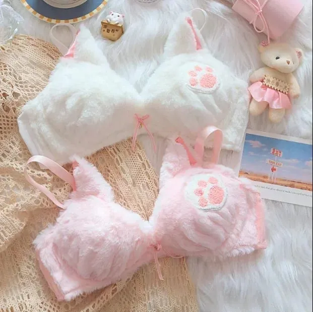 Cute Cat Paw Plush Lingerie Set for Women Warm Winter Bra & Panty with Ears Comfortable Kawaii Underwear — image 6