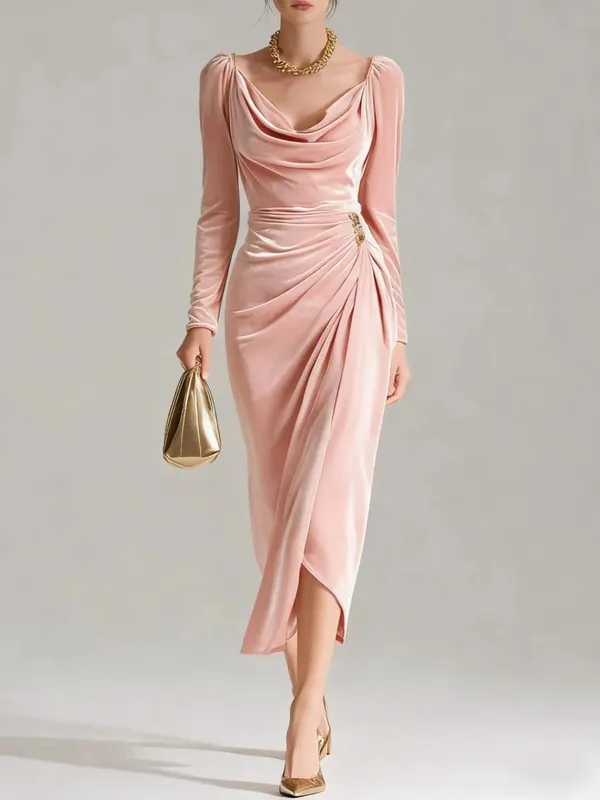 2025 Women's European & American Fashion Leisure Velvet Sexy New Long-sleeved Slimming Pleated Long A-line Split Bodycon Dress