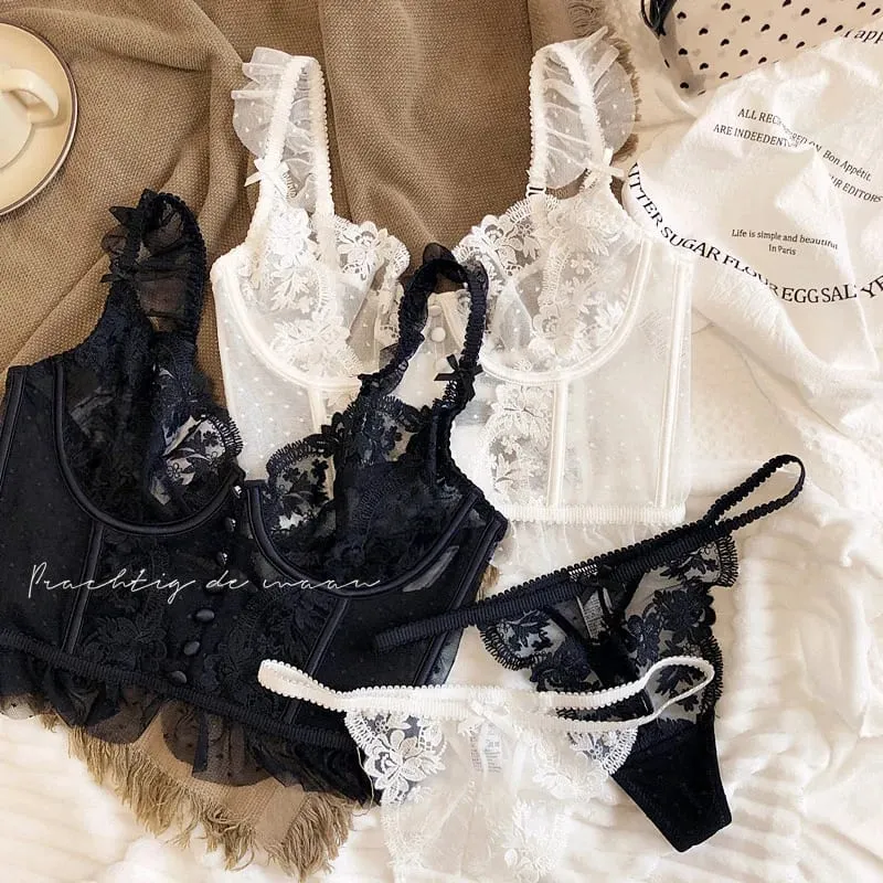 Hot Sale French Sexy Lingerie Set for Women Ultra Thin See Through Bra Panty Set Embroidery Lace Shaping Camisole Underwear Set — image 1