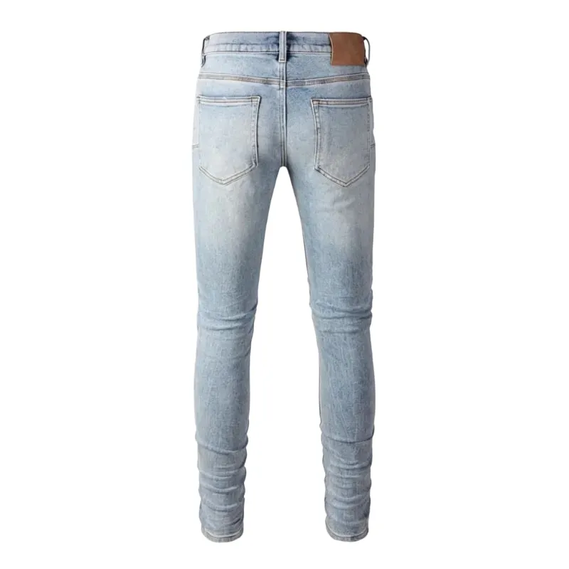 Men's Large Knee Ripped Slim Tapered Jeans Vintage Light Blue Wash Frayed Edges Button Fly High Street Style — image 2