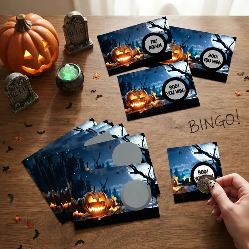 50pcs Halloween scratch-off cards—scratch to win and unlock prizes; perfect for Halloween-themed interactive activities.