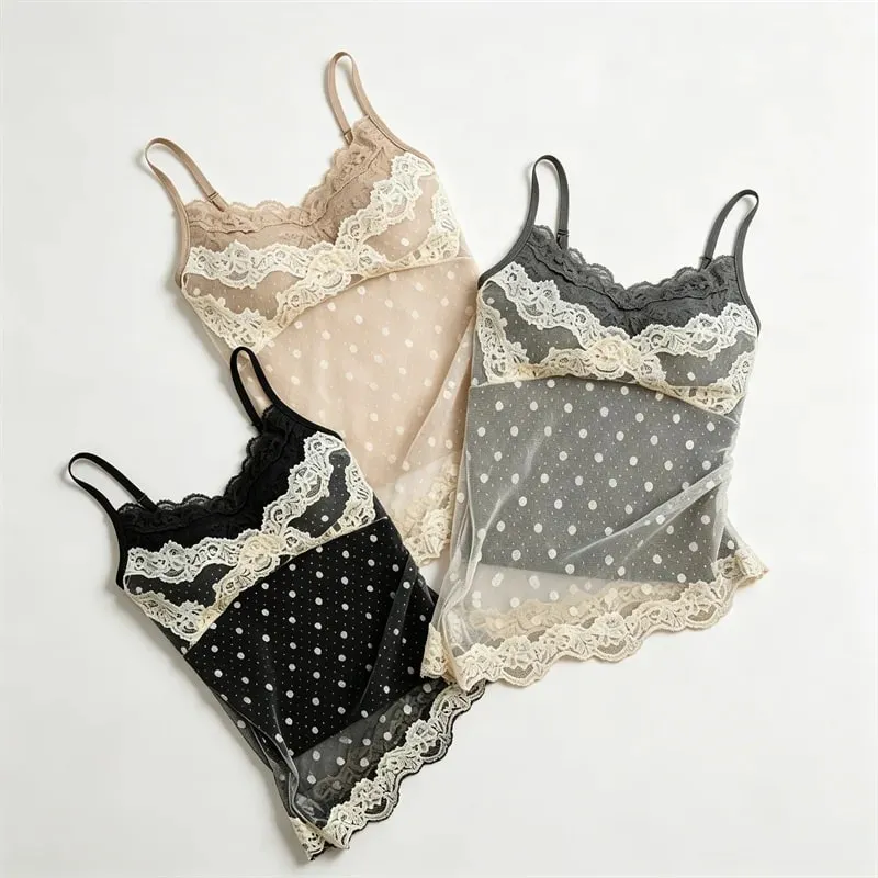 Women's Polka Dot Lace Spaghetti Strap Camisole with Pad Bust Adjustable Straps Side Lace Sexy Summer Daily Top A33079 — image 6