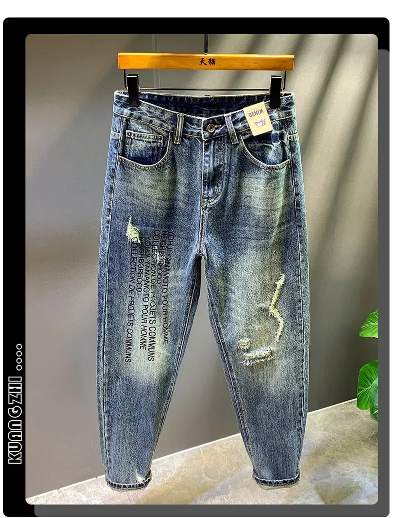 2025 Autumn/Winter New Men's Trendy Piercing Patch Jeans with Letter Printed Micro Loose Pants — image 8
