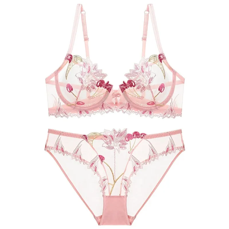 Sexy Lace Flowers Embroidery Bra Set Ultra Thin Breathable Steel Ring Bralette Lingerie French Underwear Set70-90 B C D — image 4