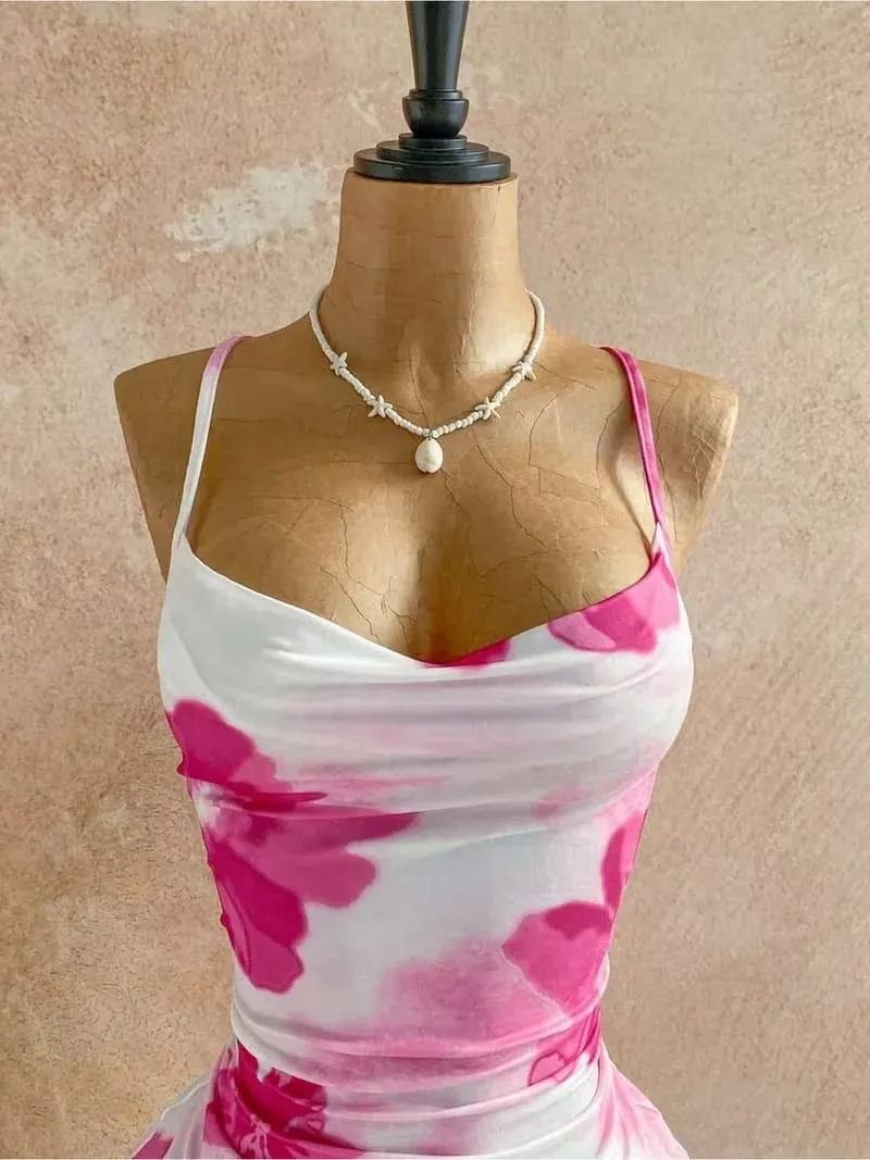Women Thin Strap Cowl Neck Pink Floral Print Side Ruched Ruffle Hem Mini Bodycon Dress 2026 Summer Tropical Beach Y2K Going Out — image 5