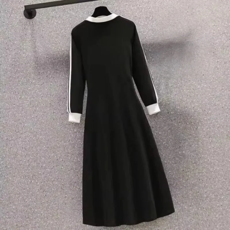 Women Autumn Midi Dresses V-neck Preppy Style Elastic Long Sleeved Korean A-Line Sports Dress Black Vintage Ins Simple Y2K New — image 4
