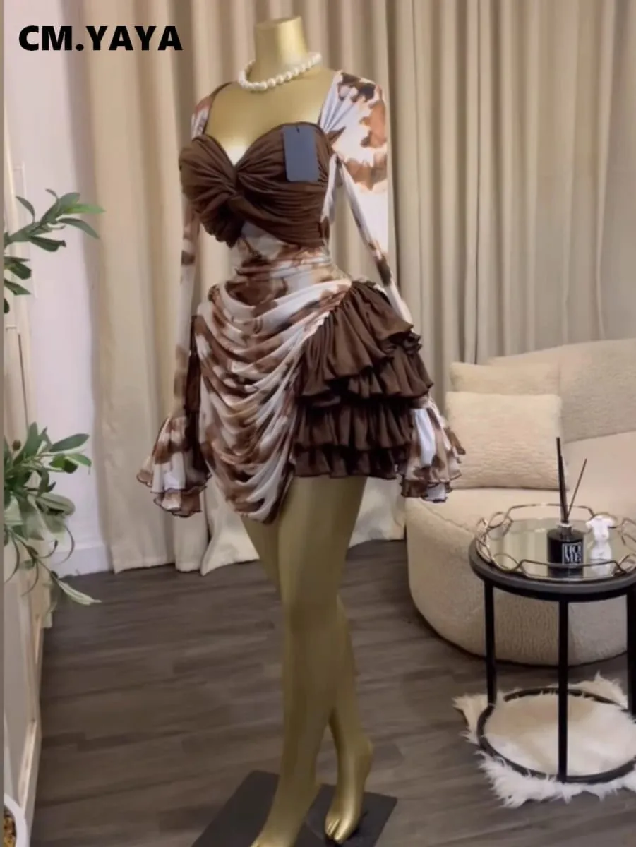 CM.YAYA Kobiety Tie Dye Print Kaskadowe falbany Bell Z długim rękawem Bodycon Ruched Drapowana sukienka z dekoltem w kształcie litery V Wakacje Plaża Sukienki wakacyjne