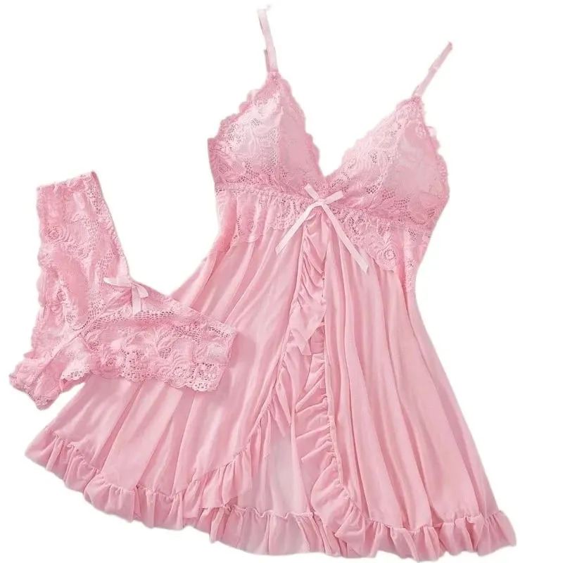 Women's Sexy Lace V-Neck Babydoll Lingerie Set 2 Piece Soft Nightdress with Panty Sleepwear for Honeymoon S-XL — image 1