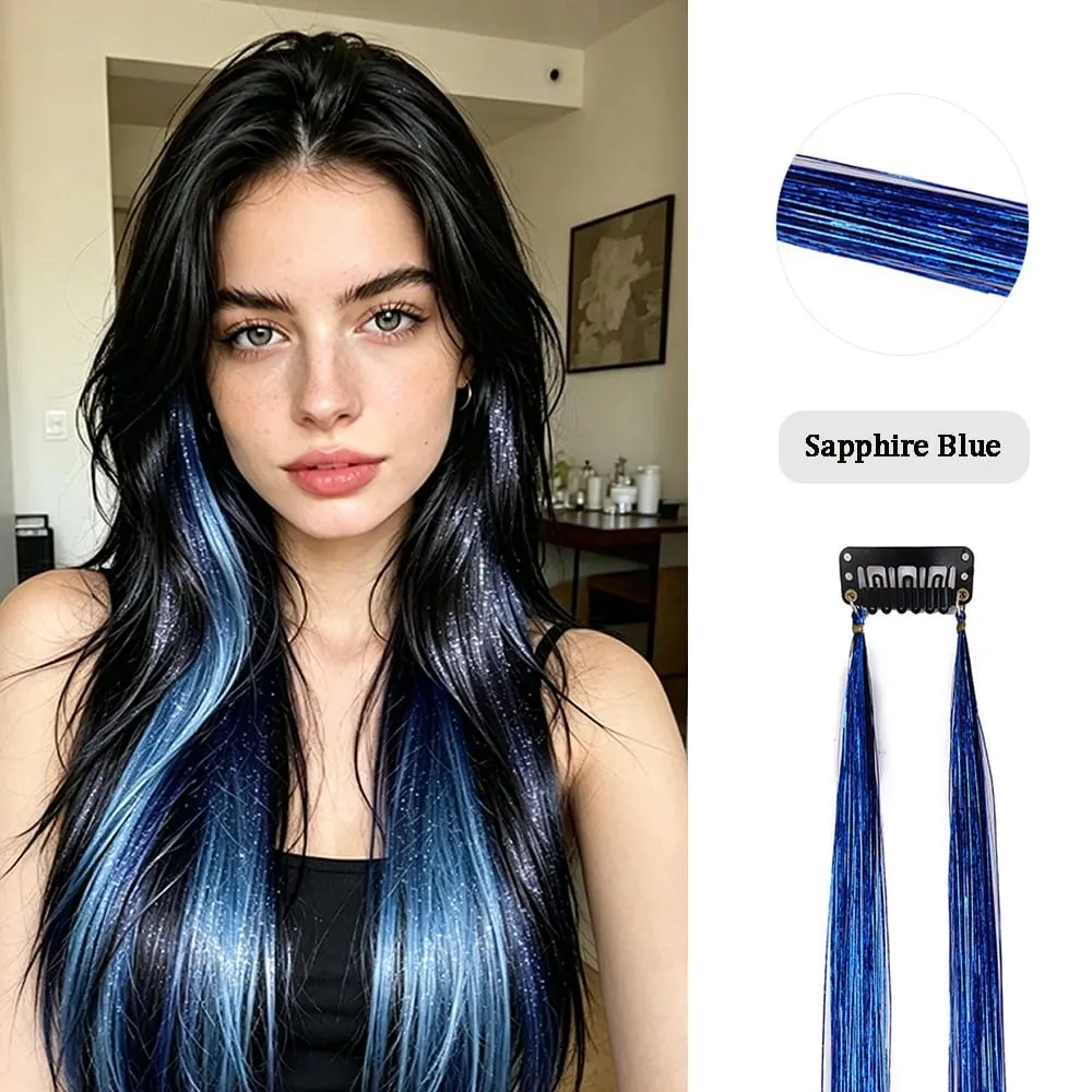 Multi-color Laser Wire Hair Extensions Shiny Tinsel Clip-in Hair Pieces Glitter Colored Hair Strands for Daily & Party Hairstyle