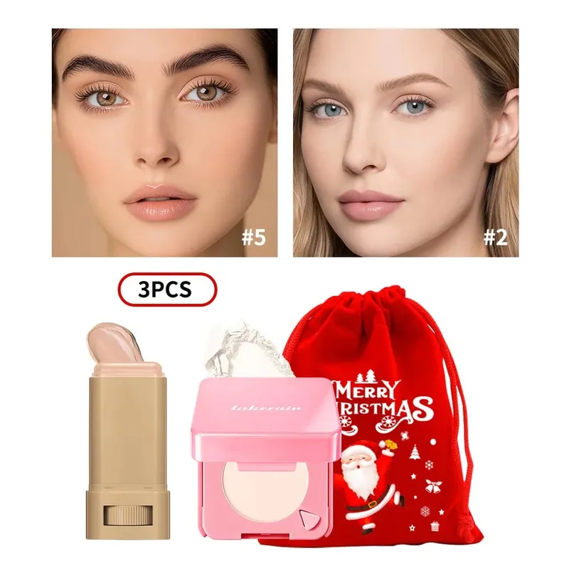 3 uds base en barra, polvo compacto para la cara con bolsa con cordón de Navidad, cosmético facial mate de larga duración, regalo de Navidad