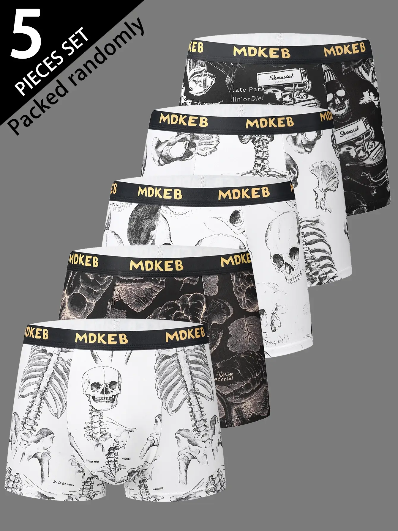 5-Pack Men's Mixed Hair Boxer Briefs with Popular Skull Print Mid-Waist Thin High Elastic Comfortable Men's Boxer Shorts