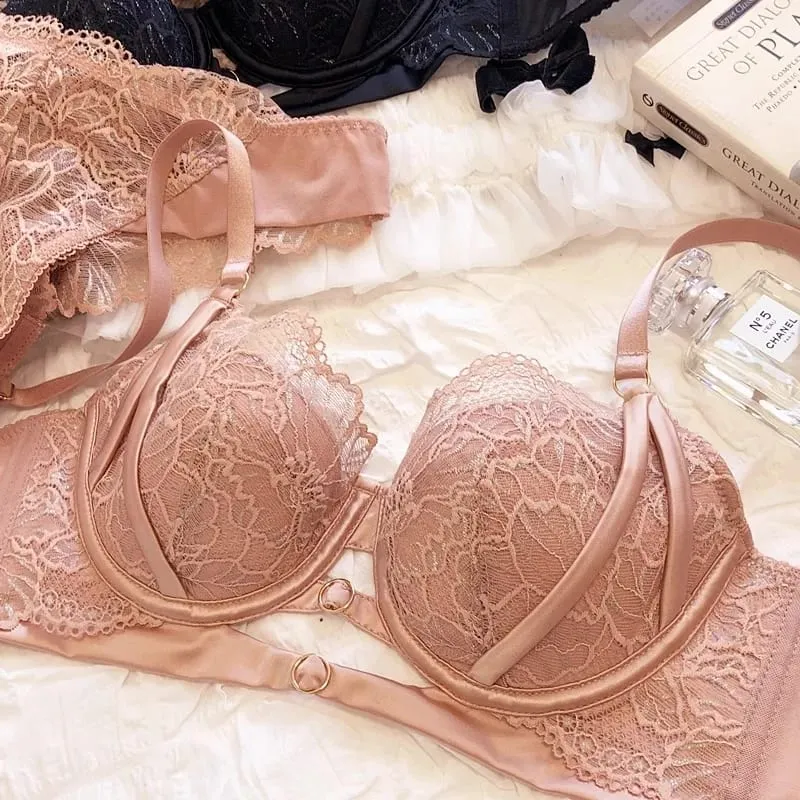 New Big Size Thin Cotton Lace Lingerie Set For Women Sexy Push Up Ladies Underwear Panties Hollow Out Female Intimates — image 2