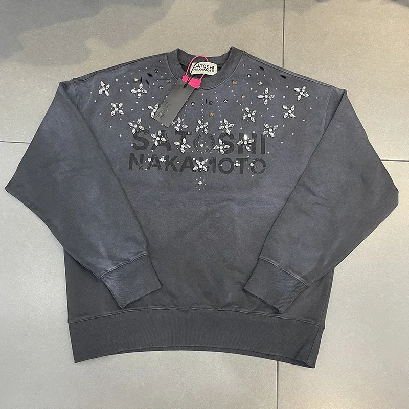 26FW Heavy Fabric Cotton Loose Rhinestone Rivet Satoshi Nakamoto Sweatshirts Men Women Vintage Charcoal Gray Green Pullovers