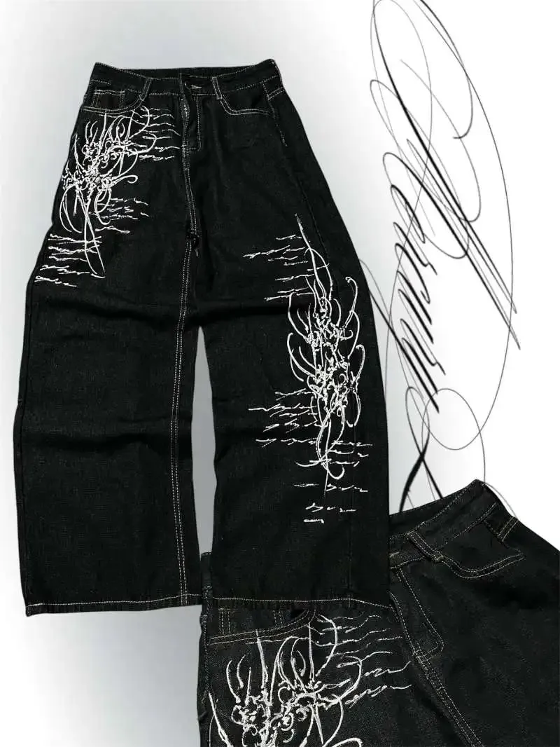 Y2K Vintage Gothic High Street Denim Black Wash Gradient Spine Spider Lily Print Wide Leg Jeans — image 9