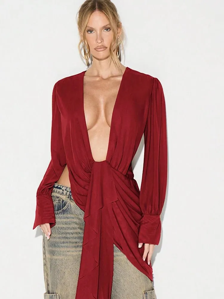 Beyprern Chic Y2K Aesthetic Plunging Neckline Mesh Top Female Draped Asymmetrical Long Sleeve Cover Up Blouse Night Out Clubwear — image 2