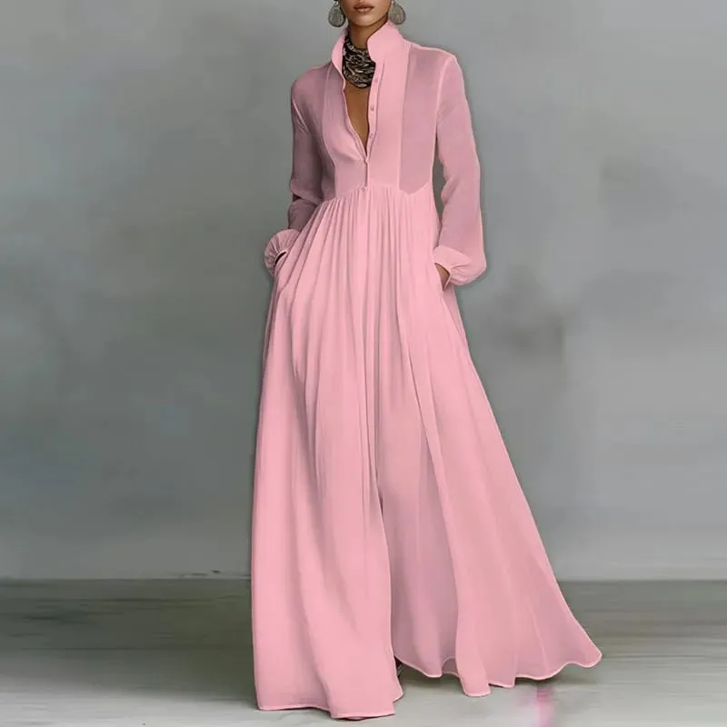 Gaun Panjang Buaian Pinggang Tinggi yang Elegan Wanita Musim Bunga Poket Pepejal Gaun Maxi Berlipat Musim Gugur Lengan Panjang Pakaian Petang — image 8
