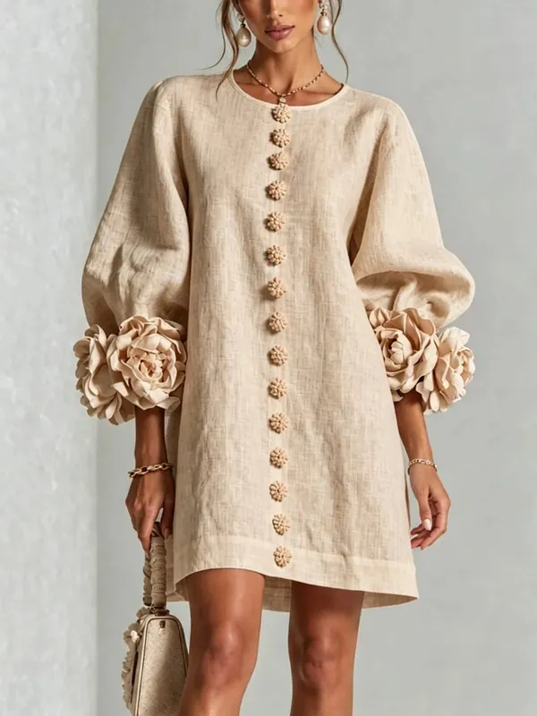Women Linen Mini Dress O Neck Puff Long Sleeve 3D Flower Cuff Decor Flower Button Loose Casual Short Dresses for Party Vacation — image 4