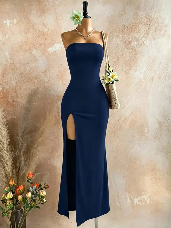 Women Strapless Tube Top Midi Bodycon Dress High Side Slit Solid Black Sleeveless Slim Fit Evening Party Long Dress