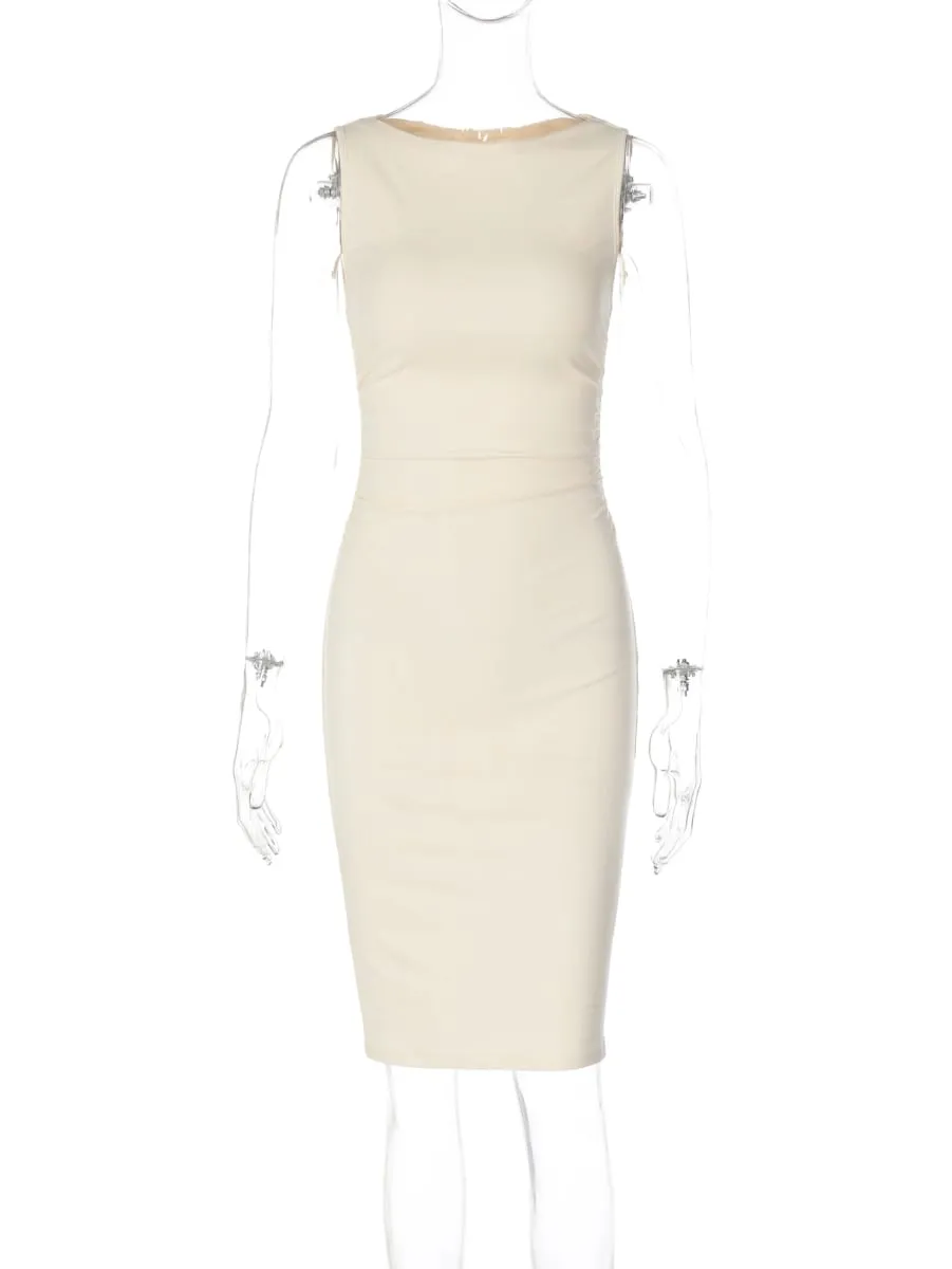 Dulzura Women'S Solid O-Neck Sleeveless Ruched Midi Dress Elegant Casual Slim Fit Dress Birthday Party Club Street Autumn Outfit — image 7