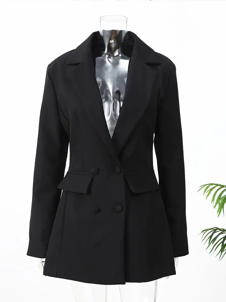 Lady Solid Waist Cinching Blazer Dress Fashion Full Sleeve Lapel V-neck Double Breasted Slim Vestidos 2026 Office Street Gown — image 3