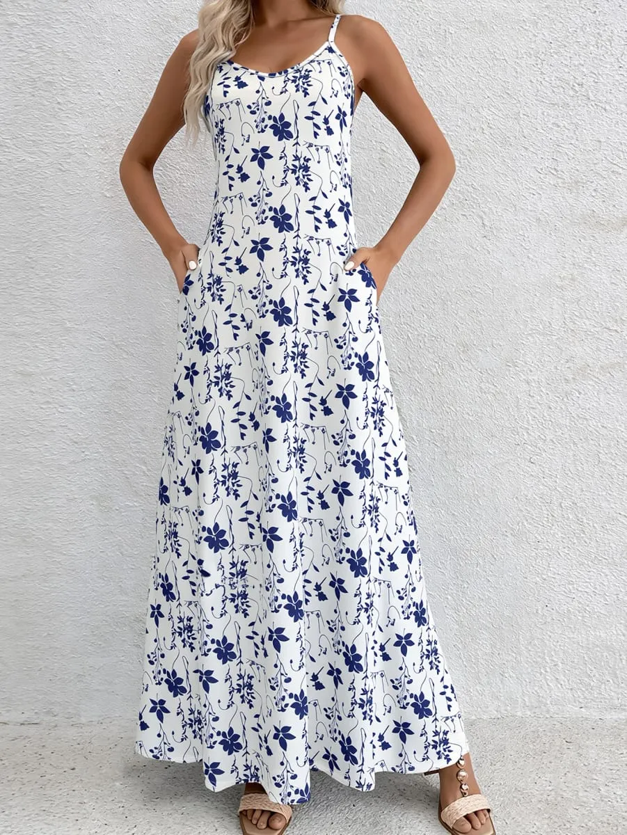 Women's Blue Floral Print Spaghetti Strap Maxi Dress Summer Casual Round Neck Flowy A-Line Sundress With Side Pockets — image 1