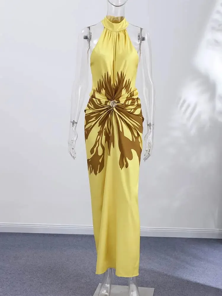 2026 Summer Printed Halter Maxi Dress Women Sleeveless Pleated Chic Satin Long Dresses Fashion Vacation Beach Party Lady Robe