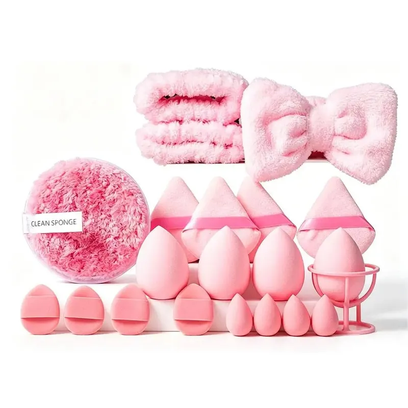 20Pcs Makeup Sponge Set Makeup Blender Triangle Powder Puff Mini Concealer Sponge Face Clean Wash Puff Headband Kit