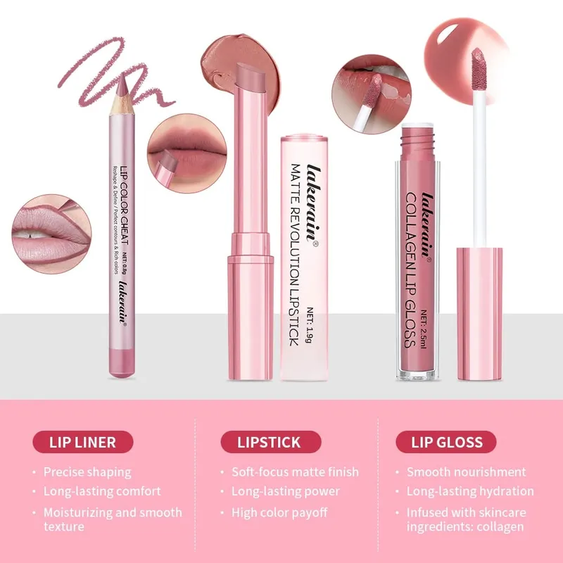 Conjunto de delineador labial + batom em 5 cores e mancha labial fácil coloração fosco kit batom batom vermelho de longa duração conjunto de maquiagem labial