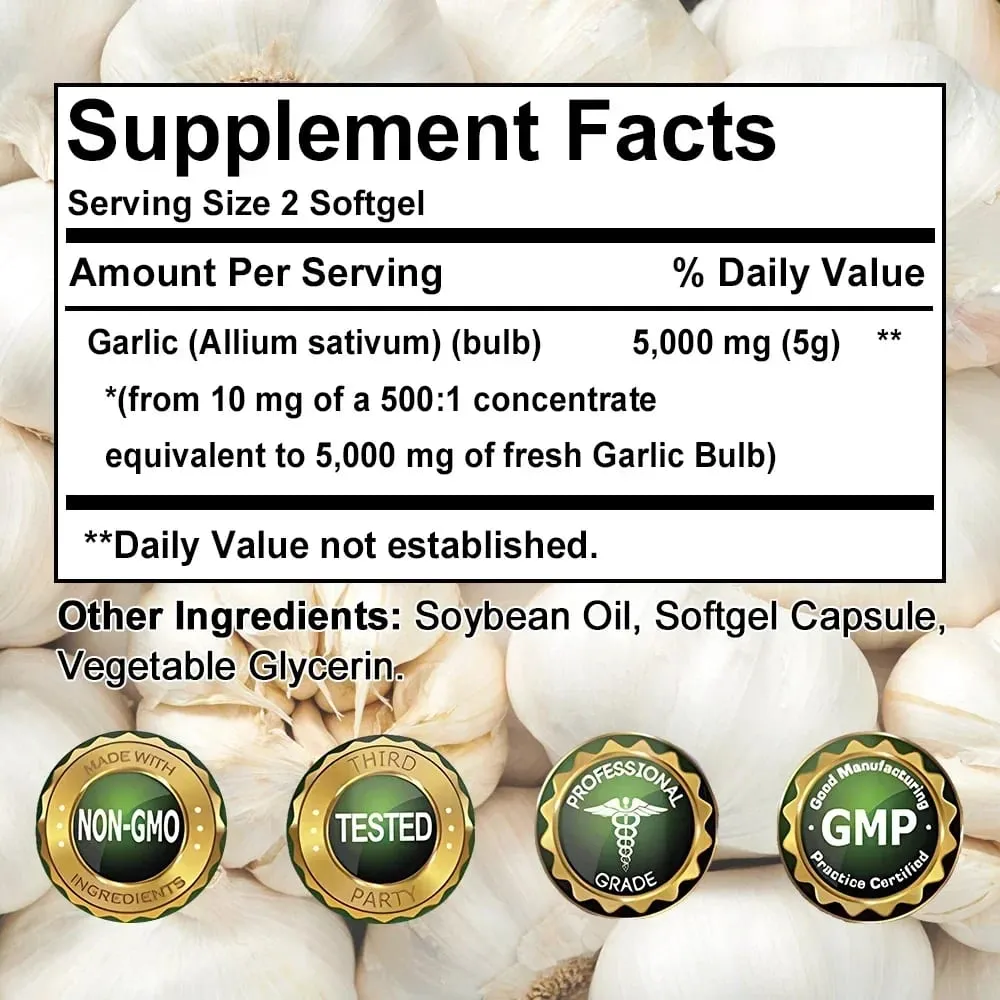 Olio di aglio Softgel 5000 Mg Circolazione cardiovascolare immunitaria Cuore Non aromatizzato Non OGM Integratore senza glutine — image 6