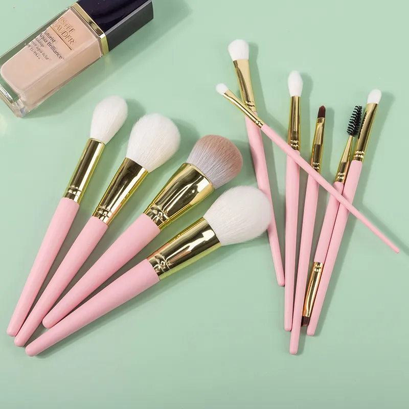 10 pçs pincéis de maquiagem rosa escova de sombra blush líquido fundação bb creme escovas de cabelo de cabra compõem escovas saco ferramentas cosméticas