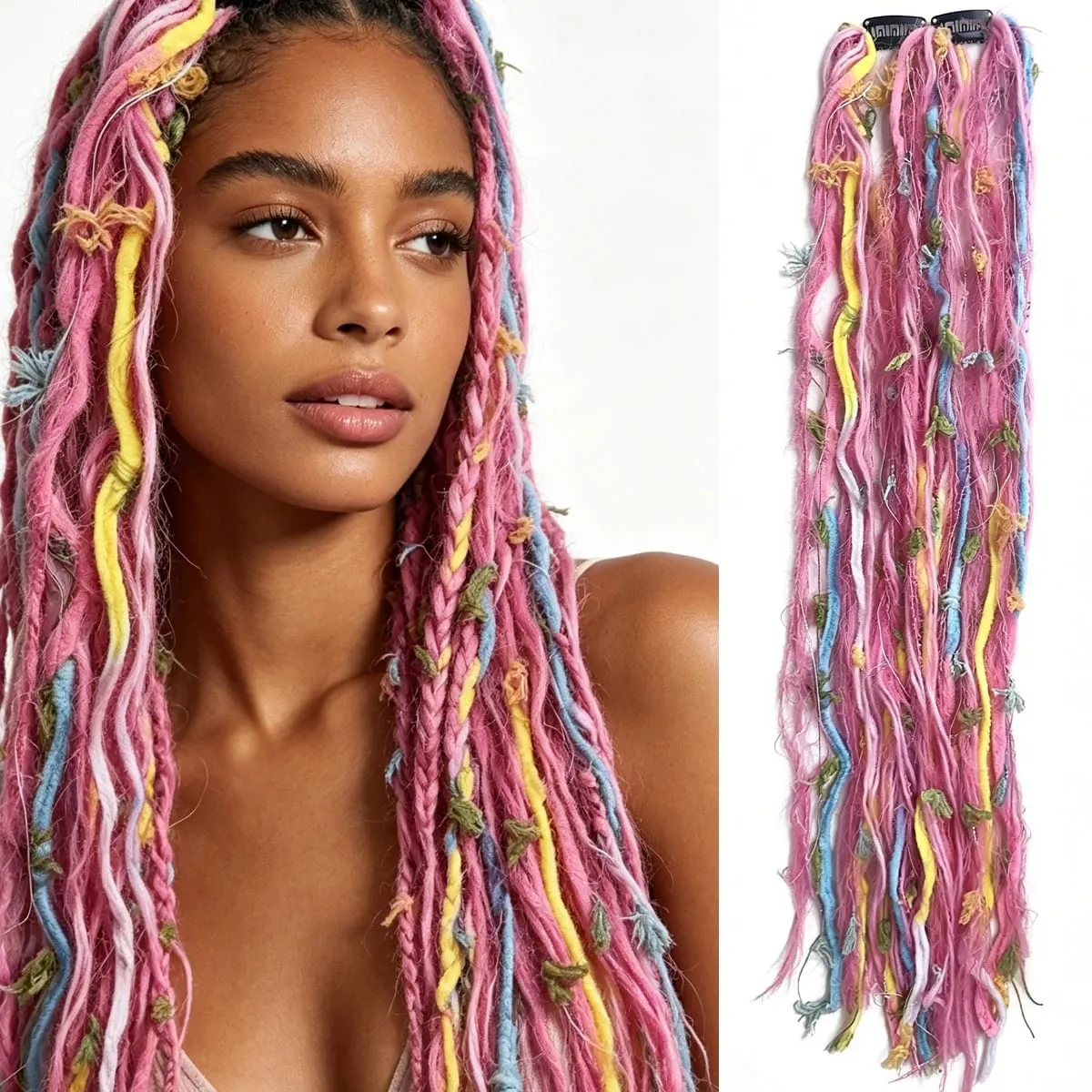 Synthetic 2Pcs Wool Yarn Dreadlock Clip Hair Extensions Maillard Long Boho Tassel Colored Vintage Braids Hair For Woman — image 9