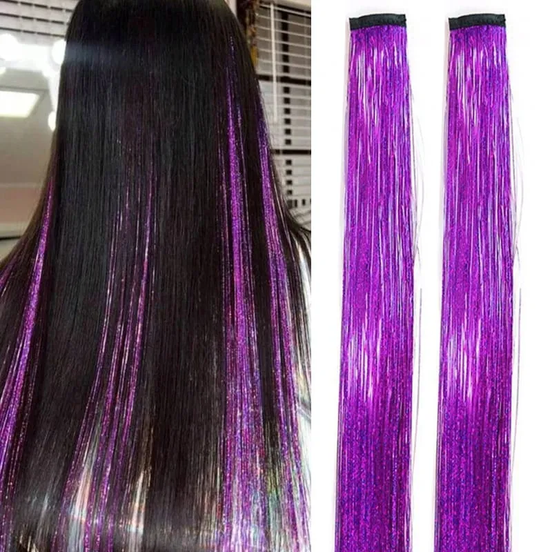 2PCS Synthetic Hair Tinsel Clip in Extensions Colored Sparkle Hair Tinsel Kit with BB Clip for Kids Girls Christmas Party Use — image 14