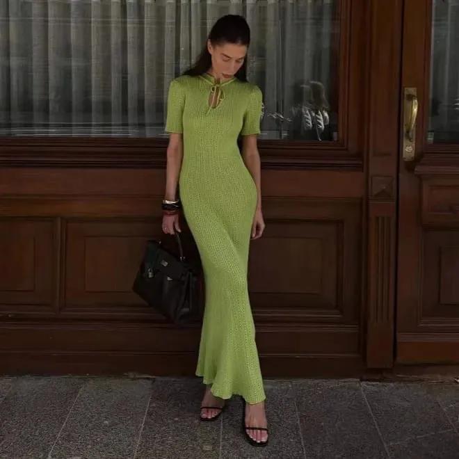 New Knitted Short Sleeve Long Length Waist Bodycon Fishtail Dress Female Hollow Out Lace Up Ribbed Patchwork Elegant Dresses